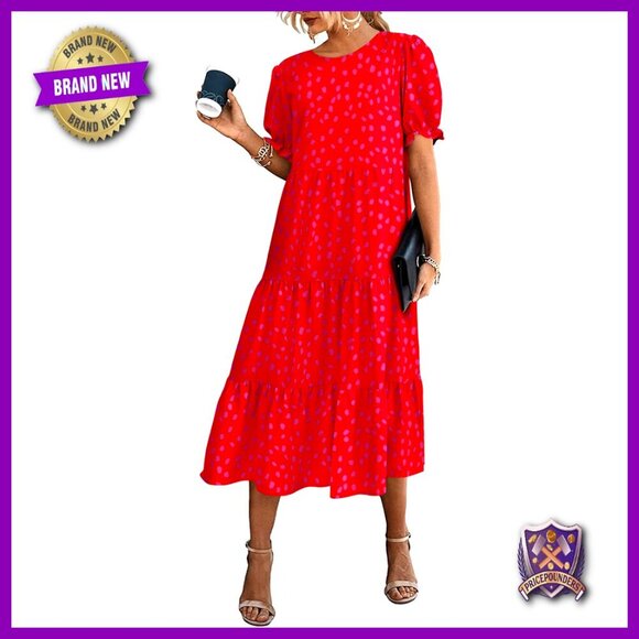 Dresses & Skirts - Floral Boho Midi Dress Casual Puff Sleeve Flowy Summer Beach Vacation Sundress